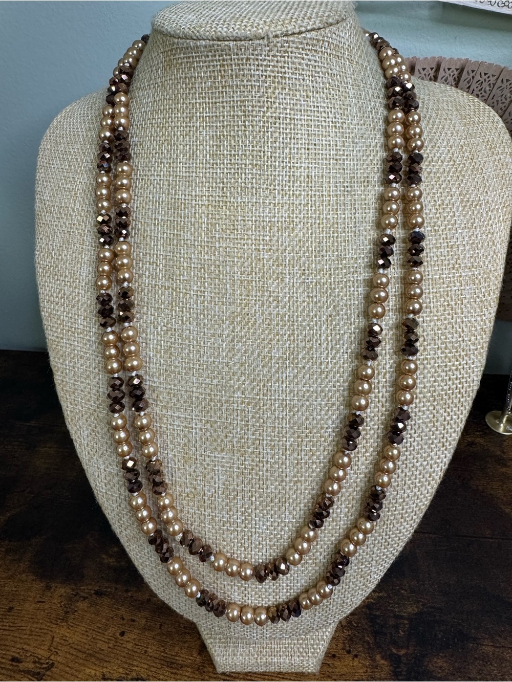 Champagne and Brown Glass Pearl snd Crystal Necklace - Flapper Beads